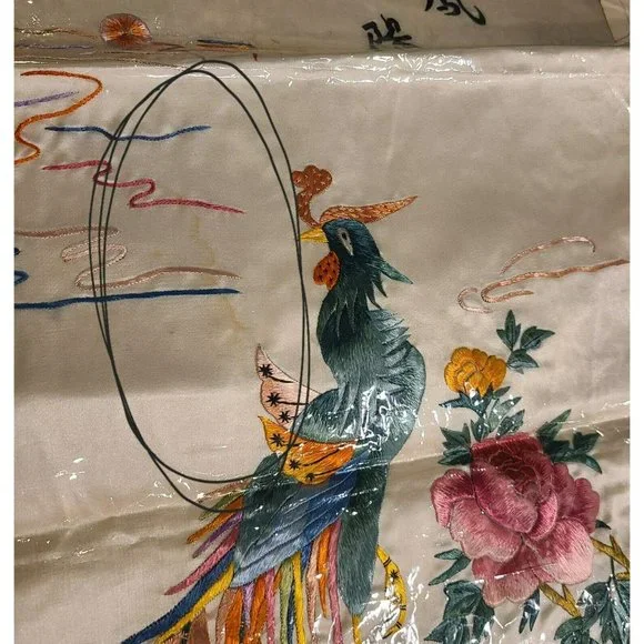 Vintage Silk Embroidered Asian Bird Duck Peacock Art Picture. Set of 2 - Picture 7 of 12